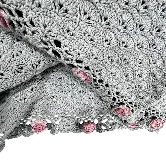 Vintage Handmade Crochet Green Tunic Sweater Pink Roses Colleens Collectables - Picture 4 of 13